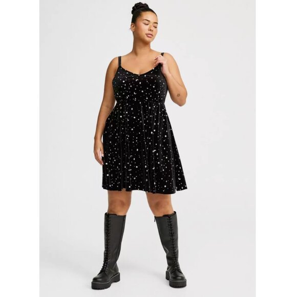NWT Torrid 1 Black Stargazer Mini Velvet Foil Print Sleeveless Dress 1X 14 16 - Picture 4 of 13